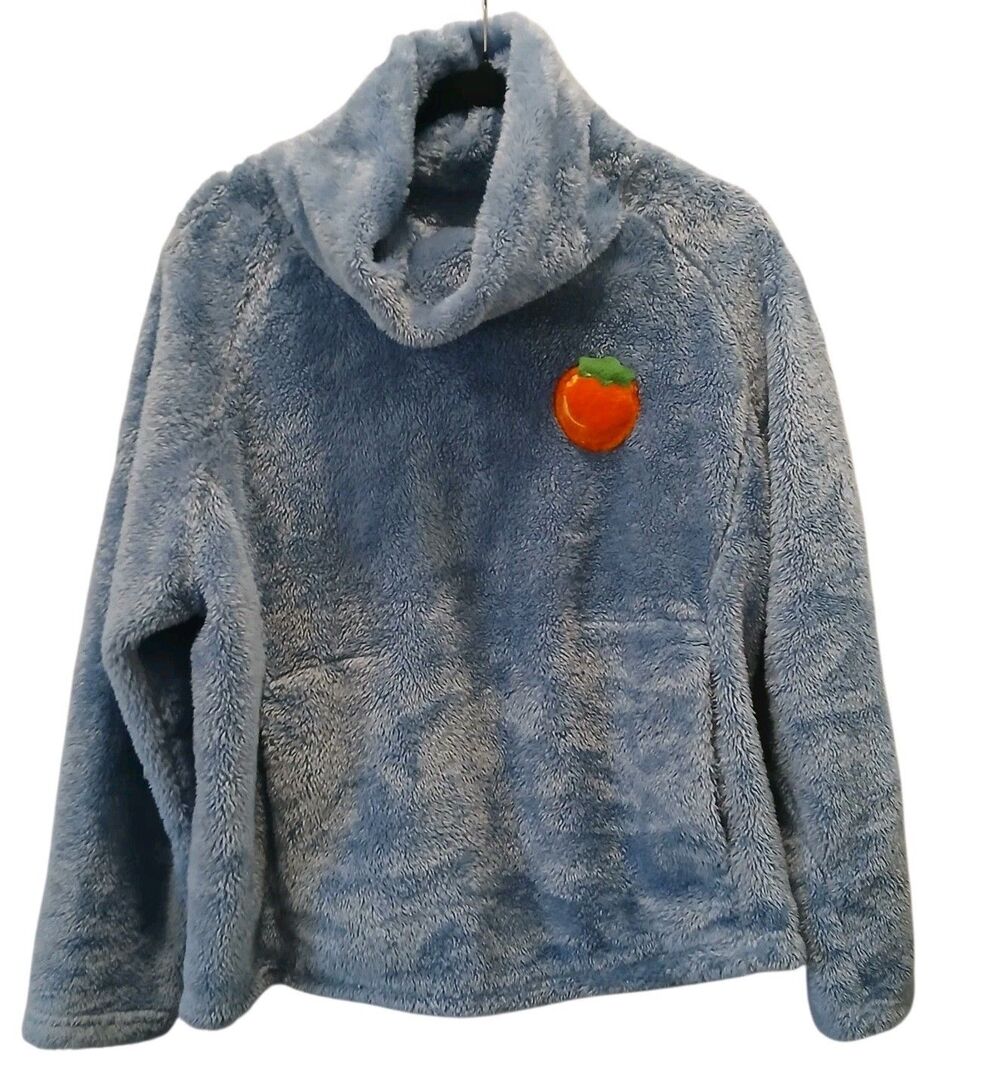 Fuzzy‎ Periwinkle Blue Teddy Fleece Cowl Neck Pullover Peach Patch Pocket Medium